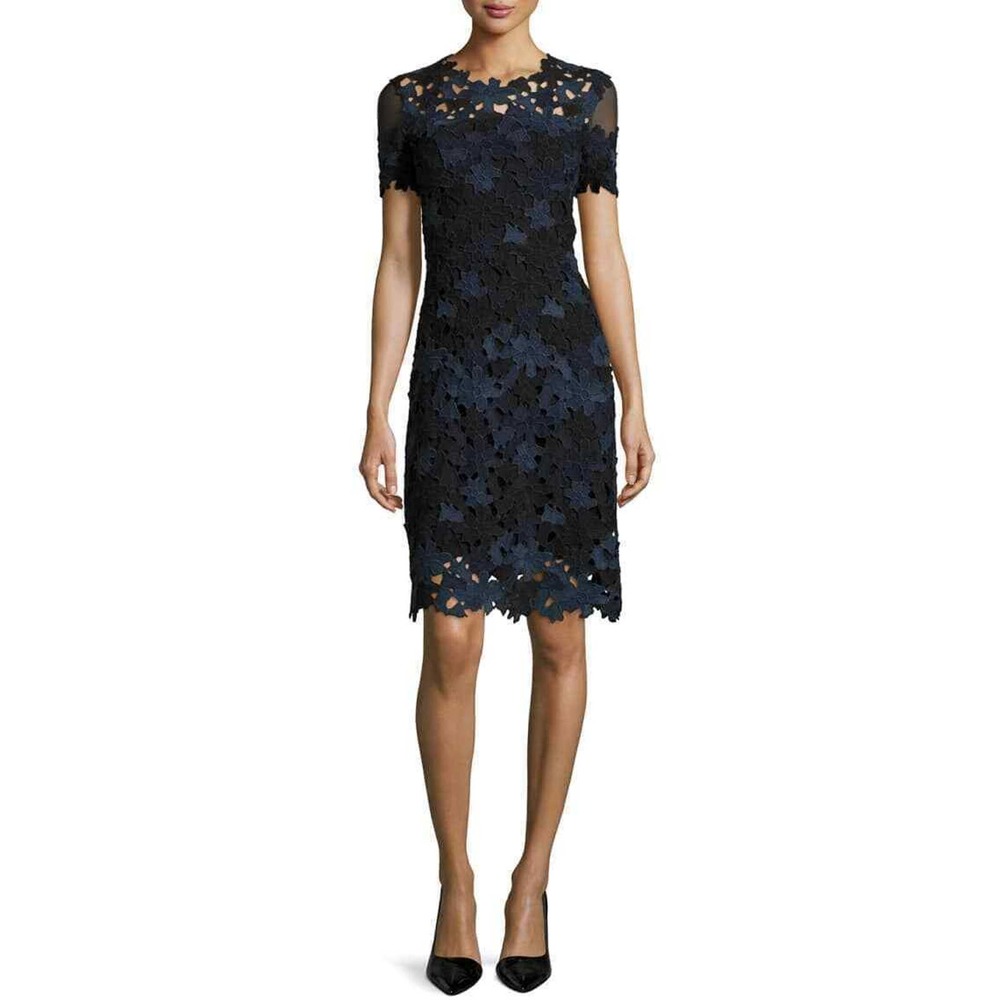 NWT $468 Elie Tahari Ophelia Black Blue Floral Crochet Lace Sheath Dress Size 0